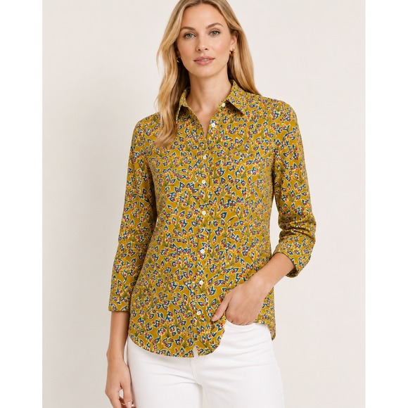 J.McLaughlin Tops - J McLaughlin XS Mustard Floral Print Cotton Shirt Preppy Palm Beach Coastal